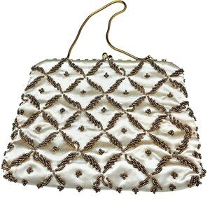 Vintage Gold Beaded Ivory Satin Evening Bag With Rhinestone Clasp & Chain Strap